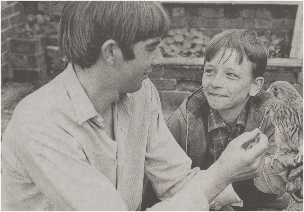 Richard Hines with David Bradley and the kestrel that played Kes in the film from 1968